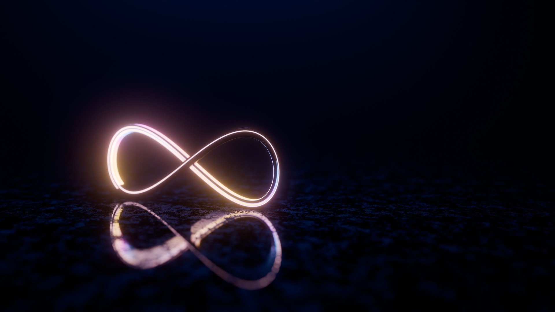 Infinity Symbol with Neon Glow and Reflection on Dark Surface